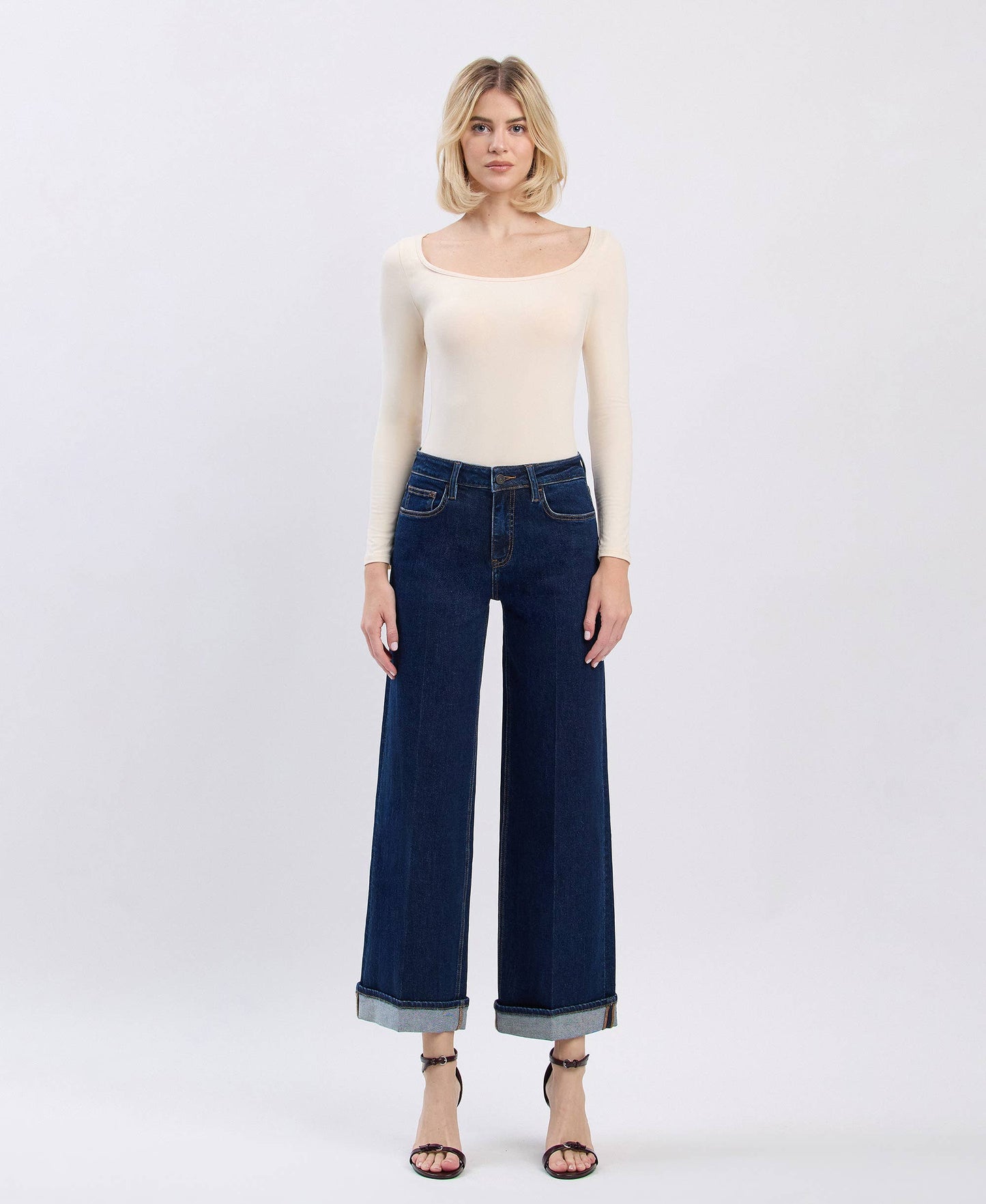 High Rise Cuffed Ankle Wide Jeans