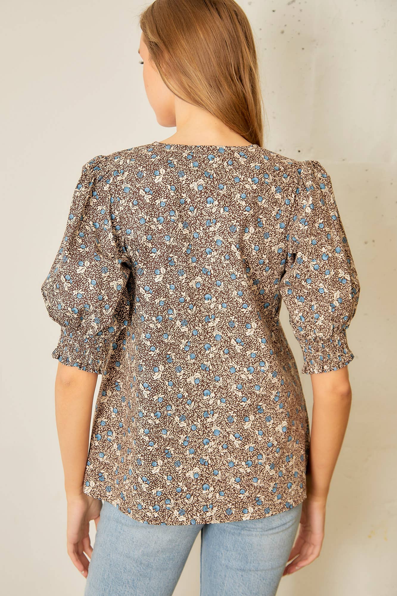 V Neck Smocked Sleeve Blouse in Ash Mocha and Blue