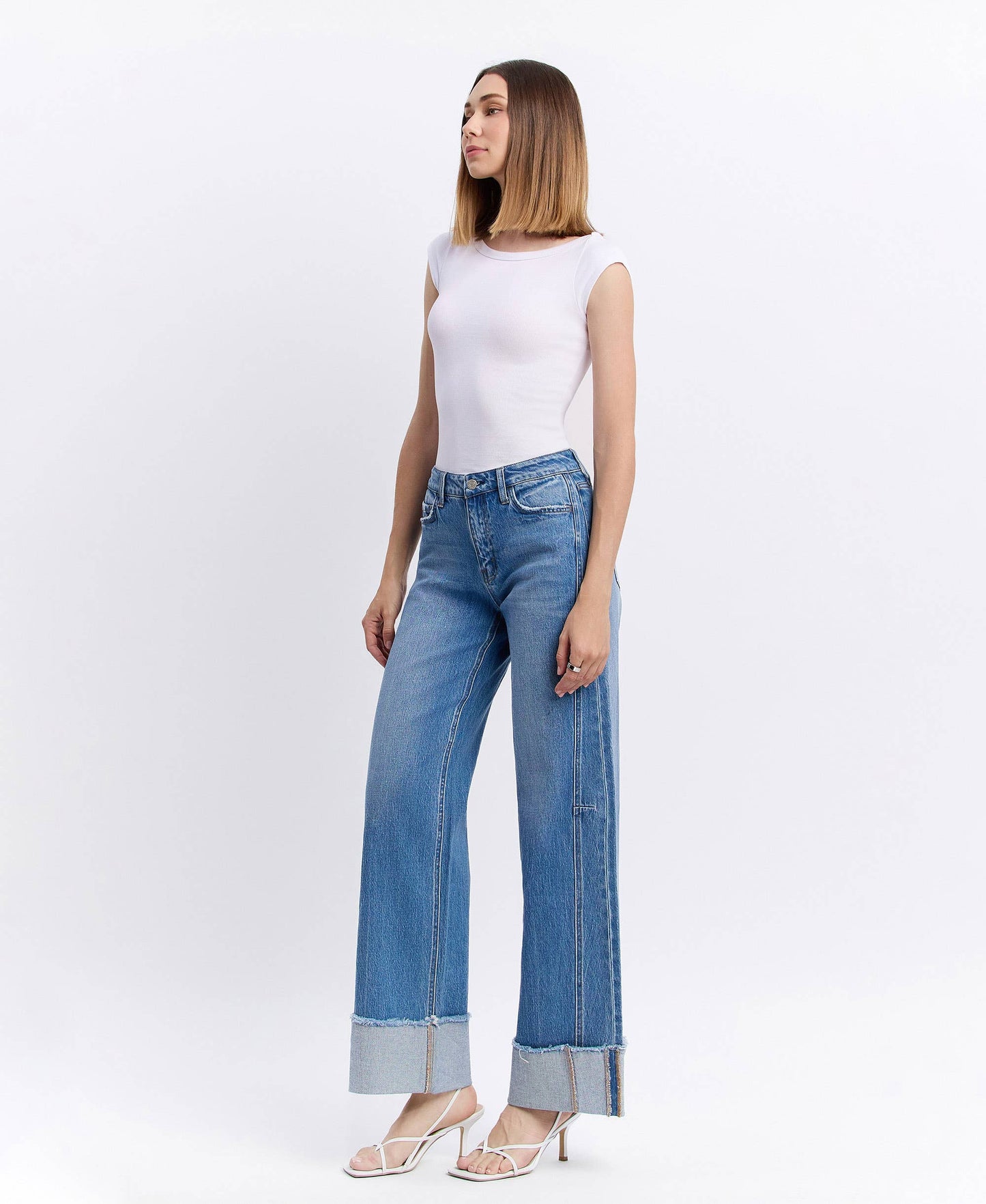 High Rise Cuffed Wide Leg Denim by Vervet with Detailed Seam