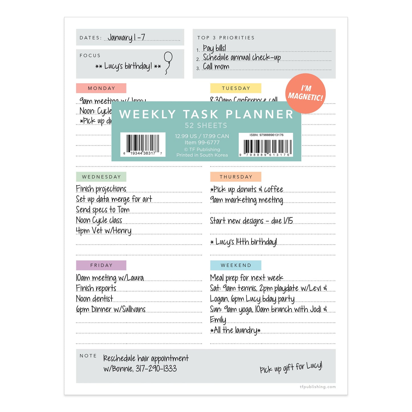 Simply Weekly Color Coded Task Pad