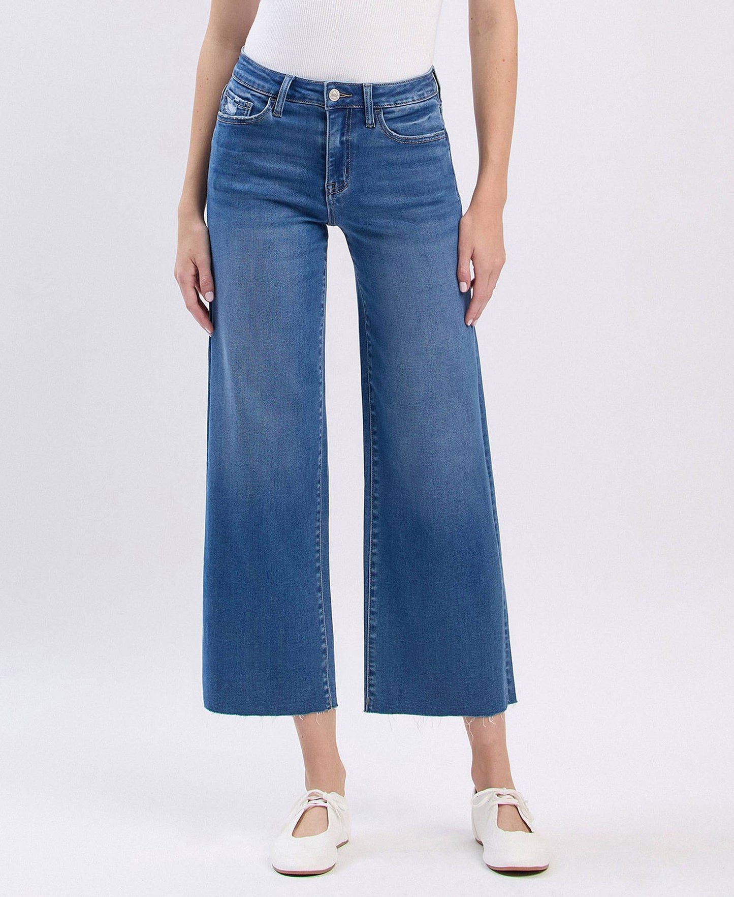 High Rise Clean Cut Raw Hem Crop Slim Wide Leg by Vervet