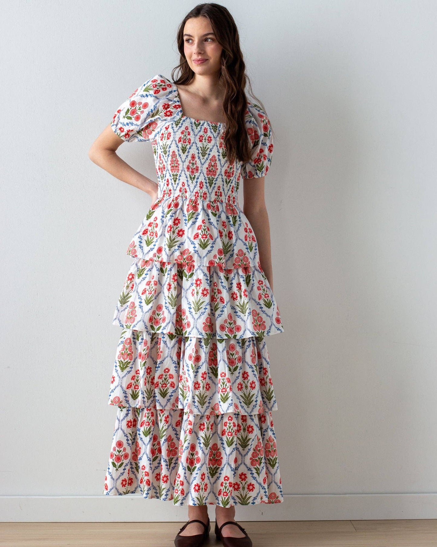 Joyful Floral Print Short Sleeve Maxi Dress w/ Tiered Skirt