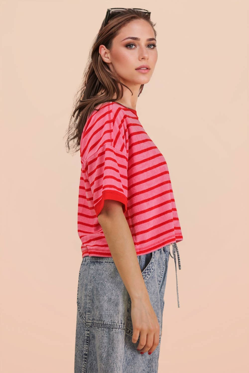 Oversized Stripe Casual Comfy Knit Top in Pink & Red