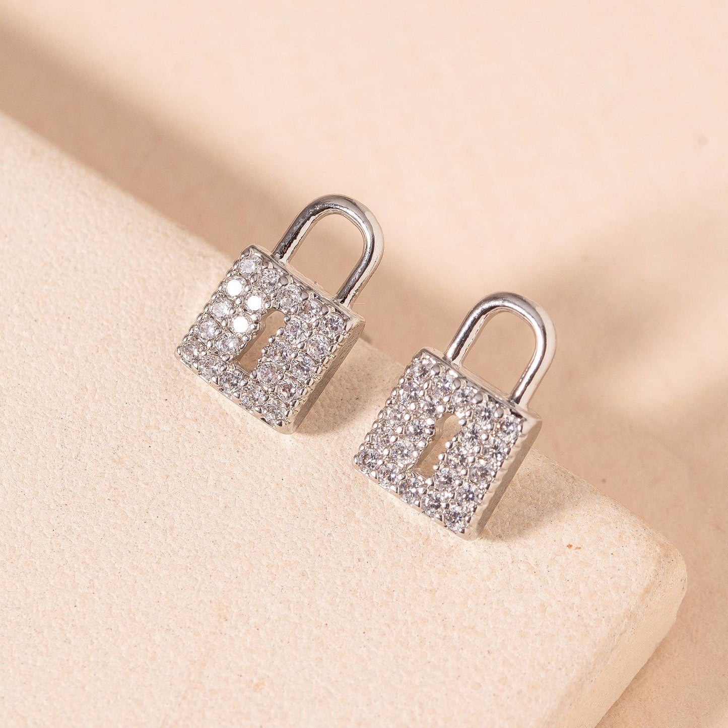 Lock Stud Earrings: Rhodium & Cubic Zirconia