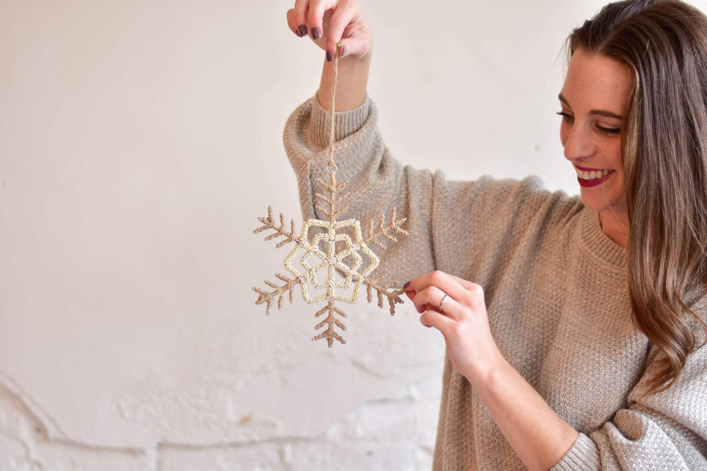 Creative Coop Christmas XMAS Jute and Bead Snowflake Ornament