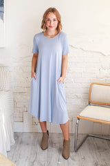 Zenana A-line dress Jane A-Line Short Sleeve Dress in Dusty Blue