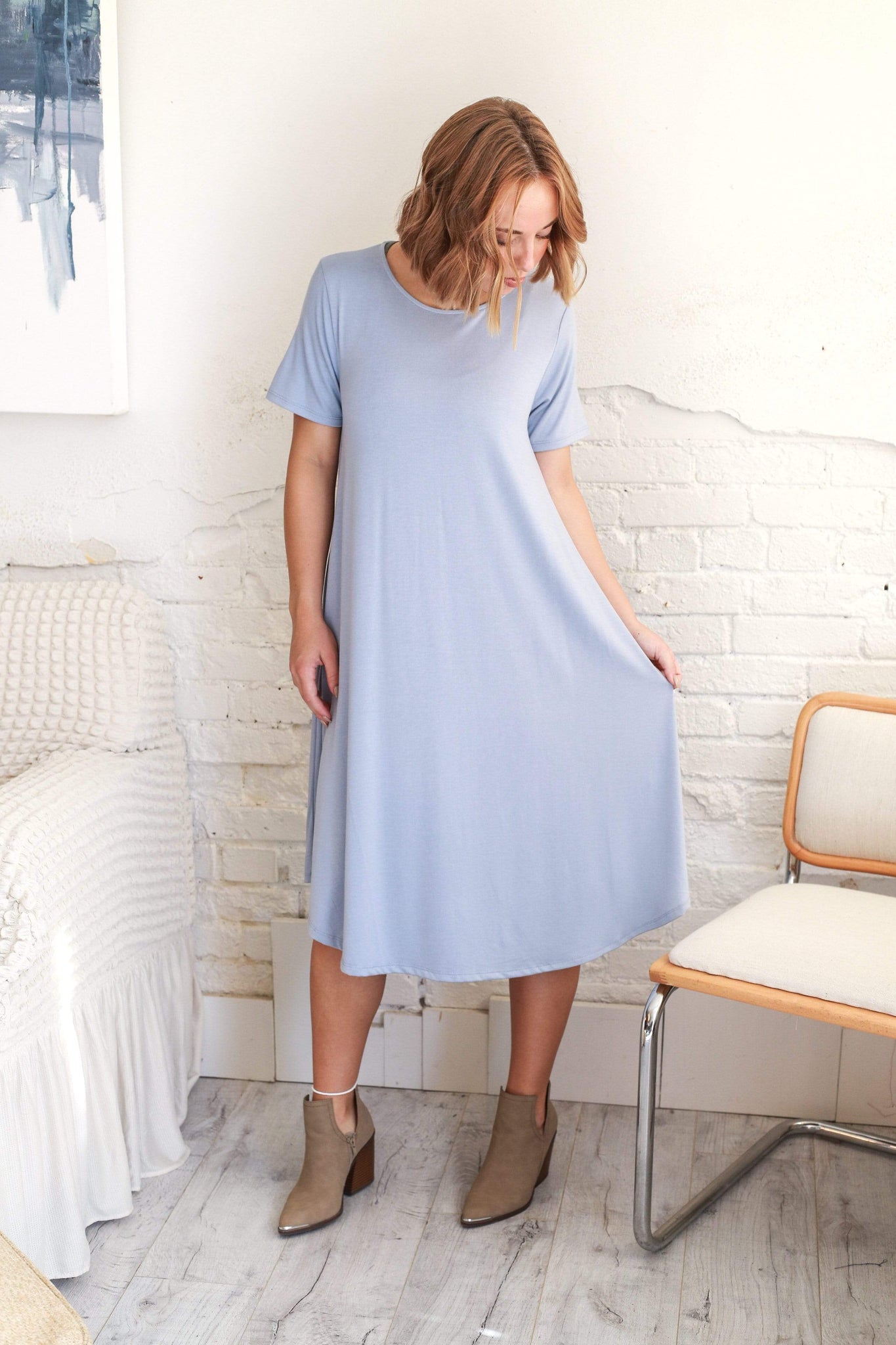 Zenana A-line dress Jane A-Line Short Sleeve Dress in Dusty Blue
