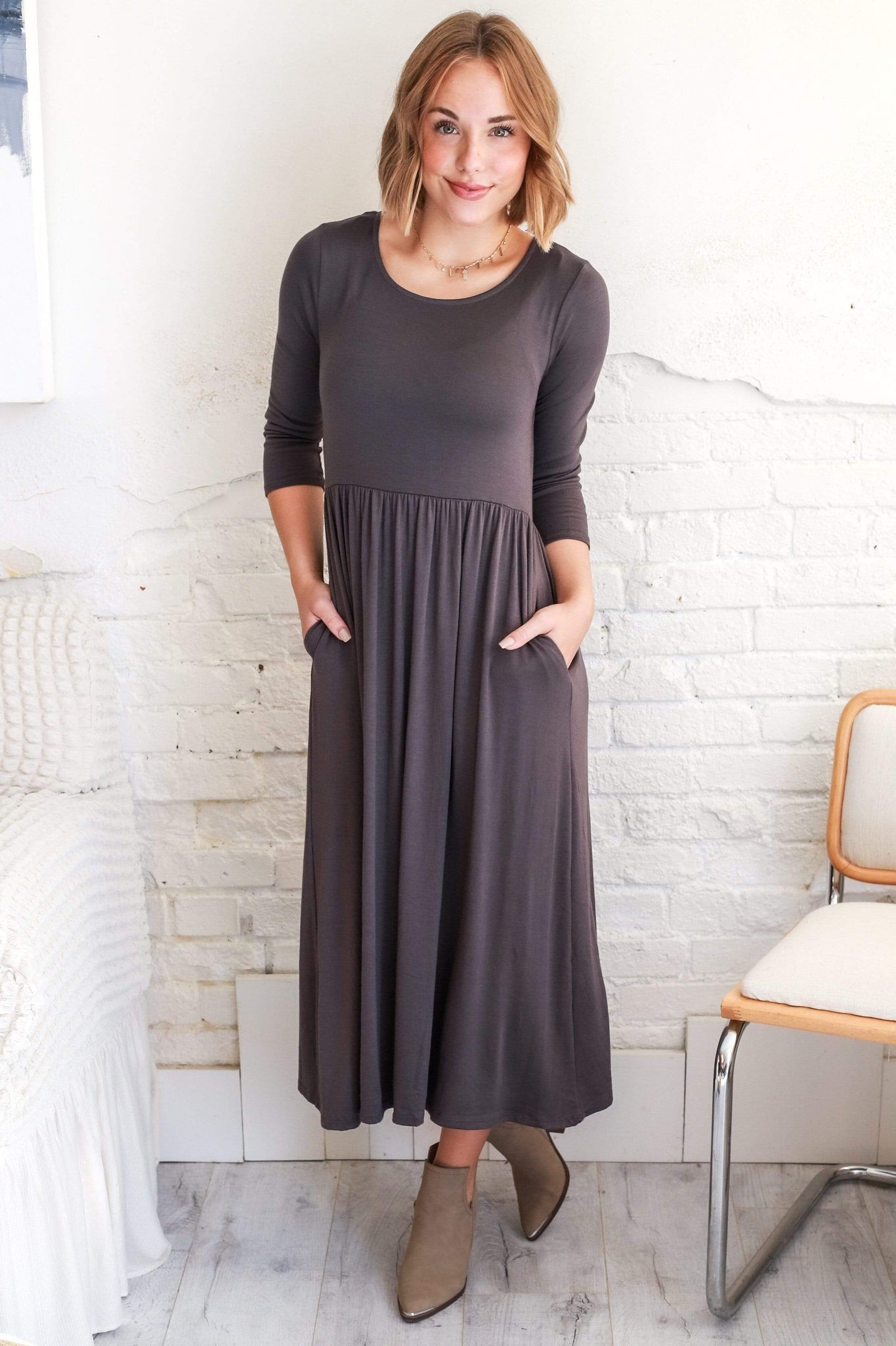 Zenana Midi Dress Kennedy Pleat Midi Dress in Dark Grey